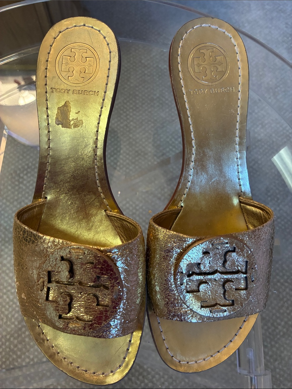 Tory Burch Metallic Gold Logo Slide Mules